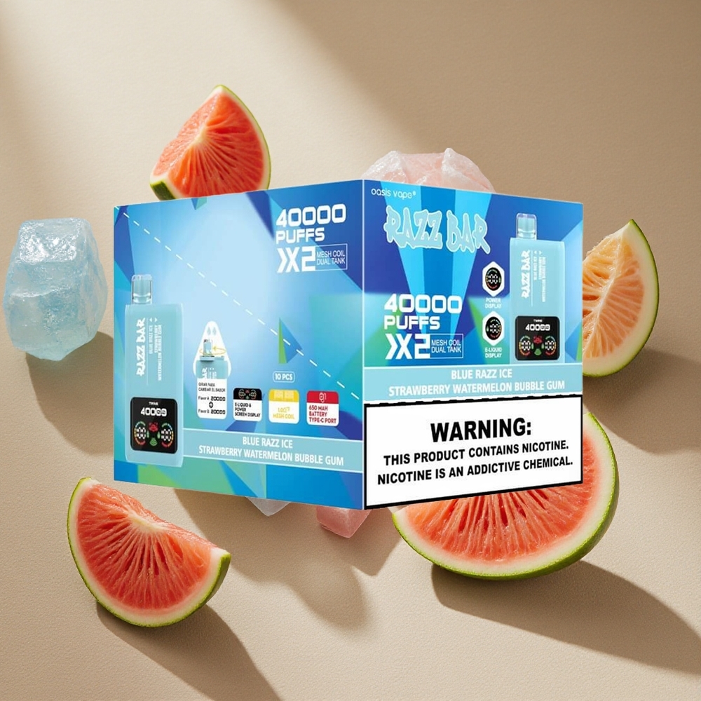 Razz Bar 40000 Züge Einweg-Vape Blaue Himbeer-Eis-Erdbeer-Wassermelone Kaugummi mit Power Screen Display und Typ-C-Anschluss