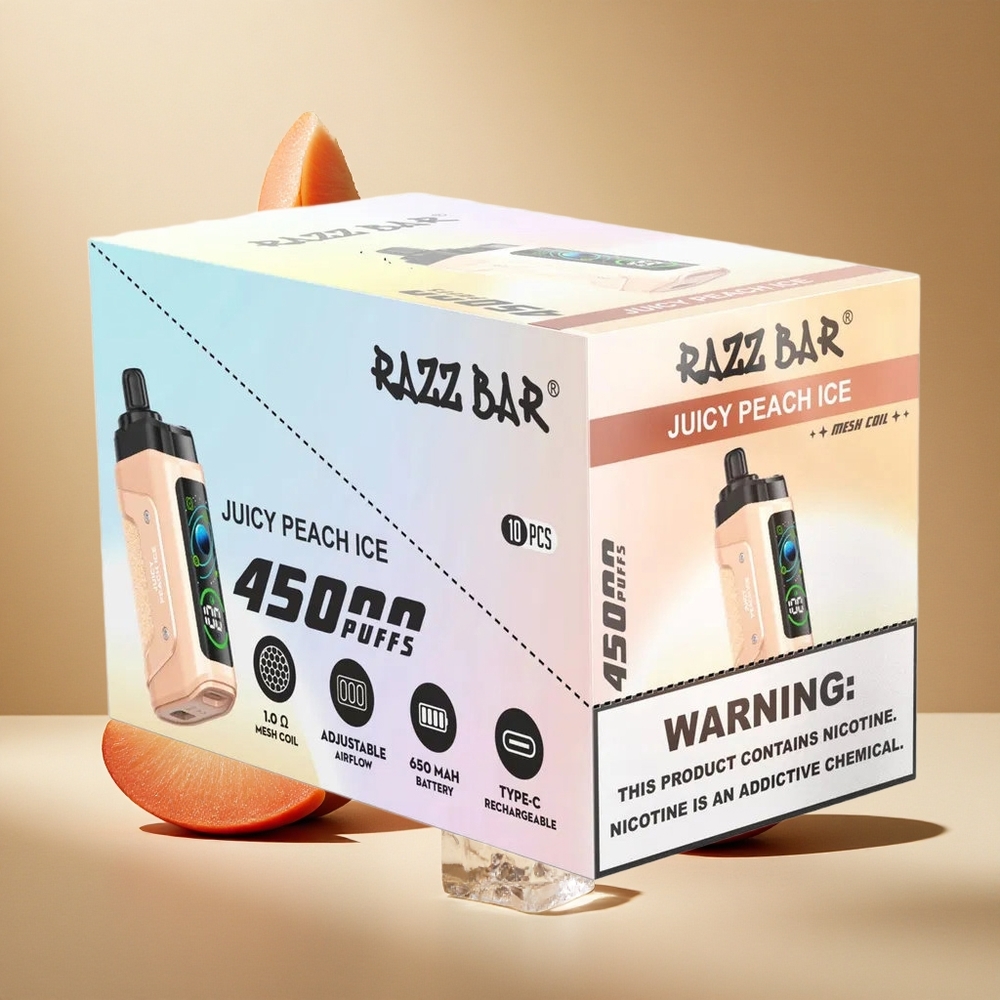 Razz Bar 45000 Züge Einweg-Vape Juicy Pfirsich Eis mit 1,0 Ohm Mesh Coil und Typ-C Aufladbar