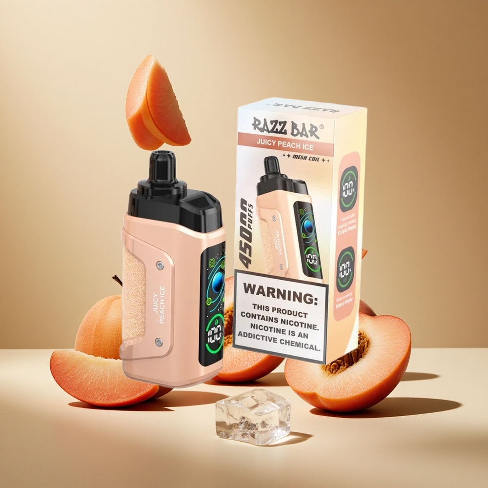 Razz Bar 45000 Züge Einweg-Vape Juicy Pfirsich Eis mit 1,0 Ohm Mesh Coil und Typ-C Aufladbar