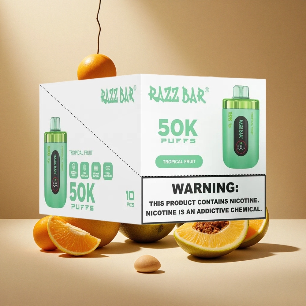 Razz Bar 50K Züge Tropische Frucht-Waldbeere Einweg-Vape mit Typ-C-Aufladung & 2% Nikotin