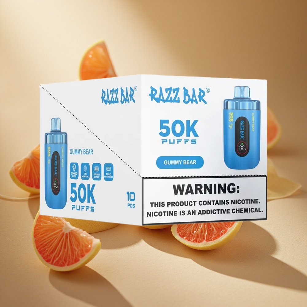 Razz Bar 50K Züge Wegwerf-Vape Gummibärchen & Himbeere Typ-C Aufladbar 650 mAh Akku